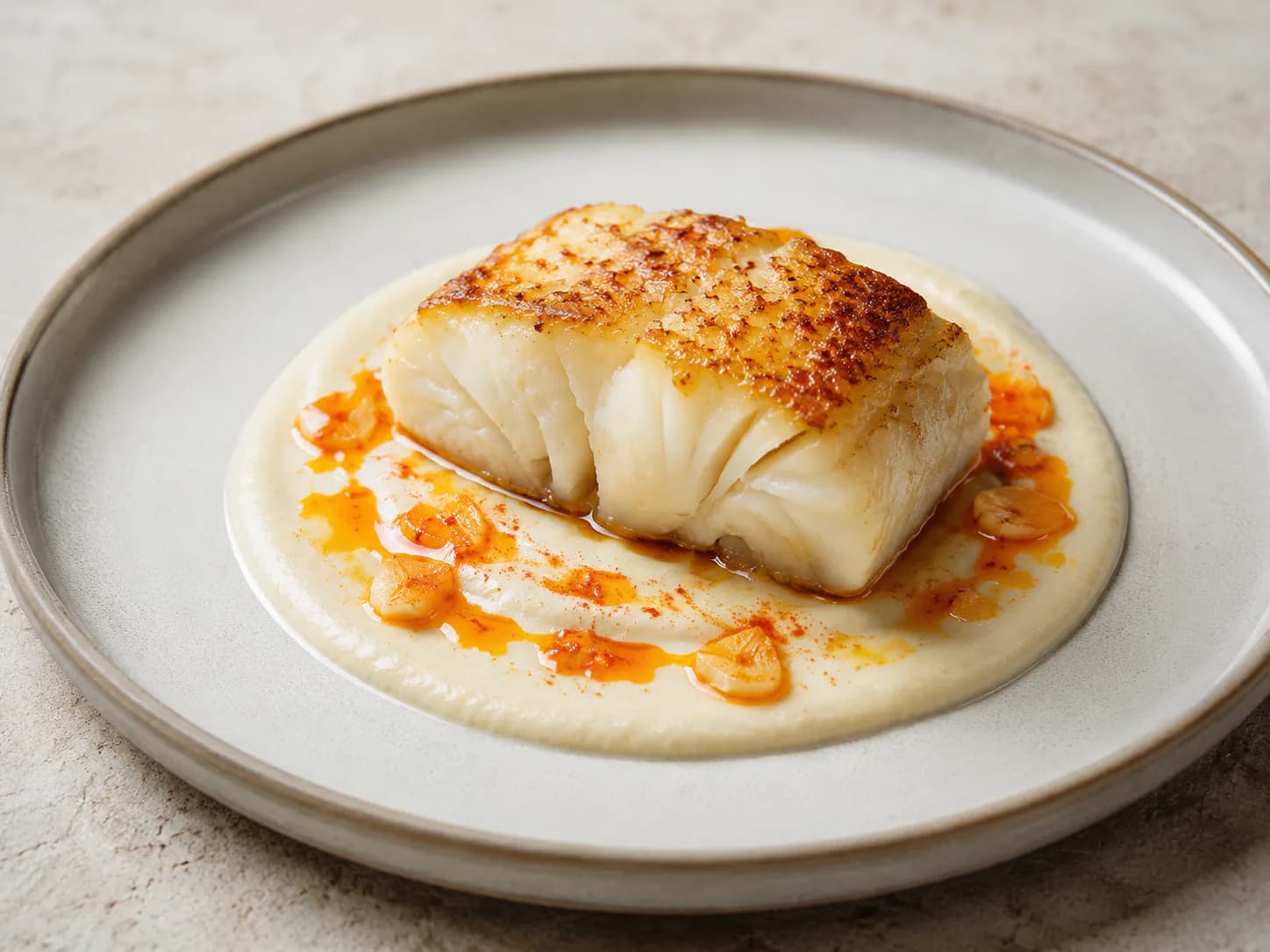 Bacalhau confitado com creme de couve-flor