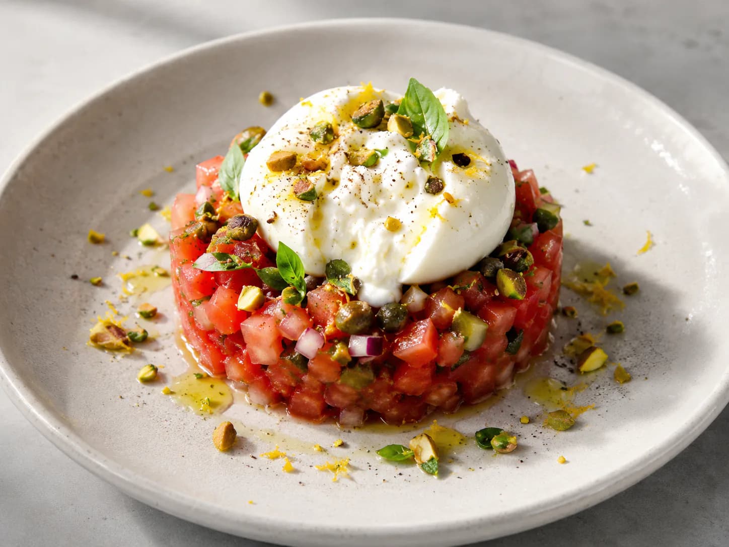 Tártaro de tomate com burrata e pistácios