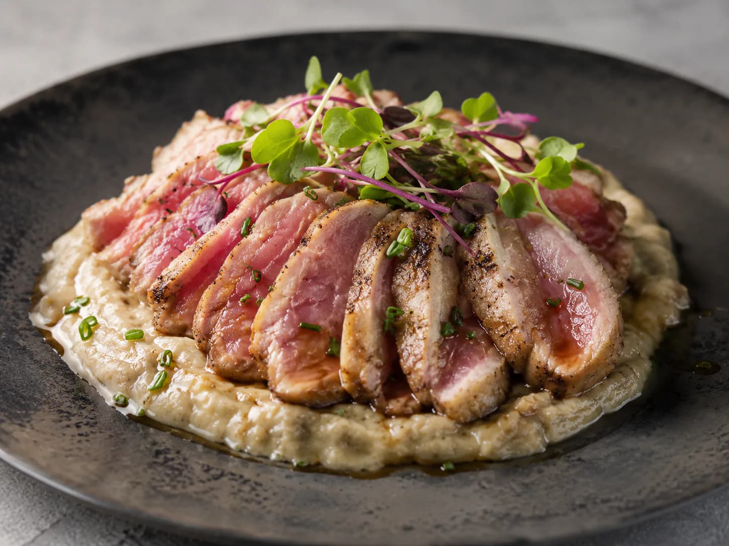 Tataki de presa ibérica com beringela assada
